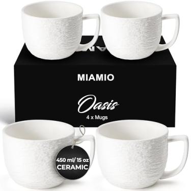 Imagem de MIAMIO - Conjunto de 4 Canecas de Cerâmica Brancas de 450 ml com Textura de Rocha em Relevo para Café, Café com Leite, Chá - Coleção Oasis