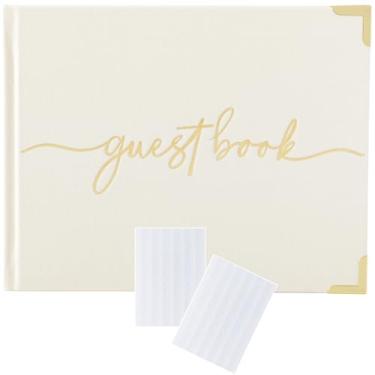 Imagem de Olive & Lark Livro de convidados de casamento linho com cartão de sinal e adesivos de canto de foto, livro de convidados de casamento Polaroid para recepção de casamento ou livro de convidados de