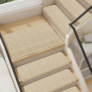 Imagem de Vonderz Bullnose Tapete de aterrissagem de escada, descasque e cole os degraus de escada para degraus de madeira internos com adesivo antiderrapante - Padrão de treliça bege