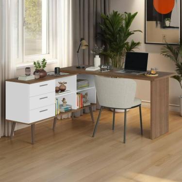 Imagem de Mesa de Estudos em L 3 Gavetas Branco/Rustic Lisboa Madesa