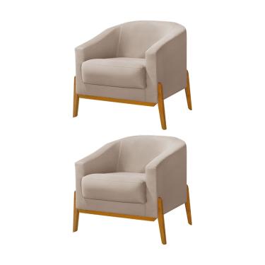 Imagem de Kit 2 Poltronas Living Base em Madeira Maciça Flórida Veludo Bege