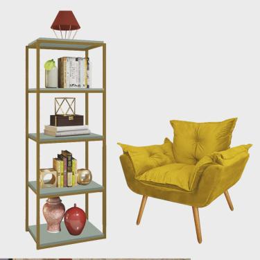 Imagem de Kit Poltrona Fatte com Estante Livreiro Ferro Dourado mdf Verde Oliva Suede Amarelo - Ahazzo Móveis