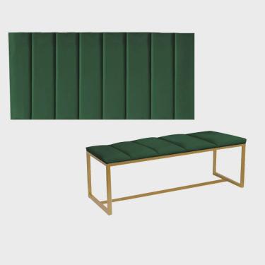 Imagem de Kit Painel Carla e Recamier Industrial 195cm King Size Box Ferro Dourado Suede Verde - Ahz Móveis