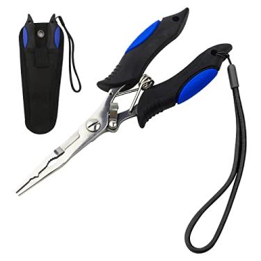Imagem de Alicate de pesca de peixe de aço inoxidável, removedor de gancho de peixe com bainha e cordão, alicates de anel, cortador de linha trançada de pesca, ferramentas de cortador de linha resistente à corrosão, equipamento de pesca para água doce de água salgada, 7.08"Blue+Silver