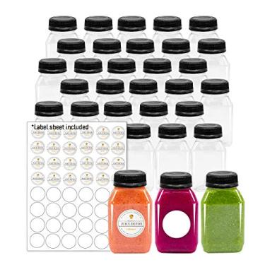 Imagem de Garrafas de suco de plástico PET vazias – Pacote com 35 recipientes descartáveis reutilizáveis de leite a granel com etiquetas e tampas invioláveis (113 g, preto)