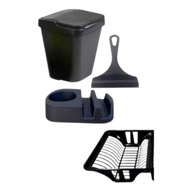 Imagem de Kit Cozinha Completa Escorredor De Louça 12 Pratos + Lixeira de Pia 4.8 litros + Porta Detergente + Rodinho Pia