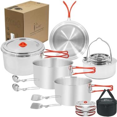 Imagem de Conjunto de panelas de acampamento de aço inoxidável 18/8, tamanho familiar, panelas e frigideiras com utensílios e chaleira, kit de cozinha ao ar livre com bolsa de transporte