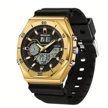 Imagem de Relógio Esportivo Com Dupla Exibição, Cronômetro & Alarme, à Prova D`água 5atm Preto Dourado