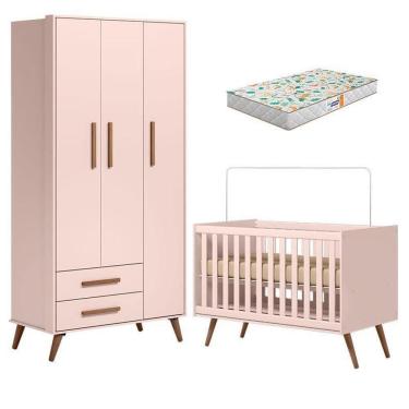 Imagem de Berço Americano 3820 E Guarda Roupa Roupa 3830 Retrô Rosa Com Colchão Da Gazin - Qmovi