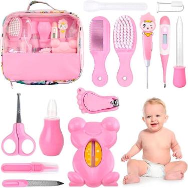 Imagem de Kit Higiene Bebê Rosa Aspirador Nasal Escova Tesoura