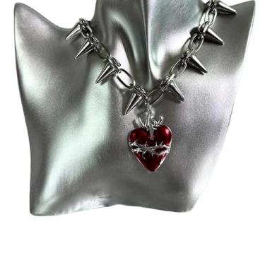 Imagem de JZSMY Colar punk gótico com pingente de coração vermelho espinho para homens e mulheres hip hop metal rebite spikes colar de Halloween moda acessórios de fantasia de Halloween