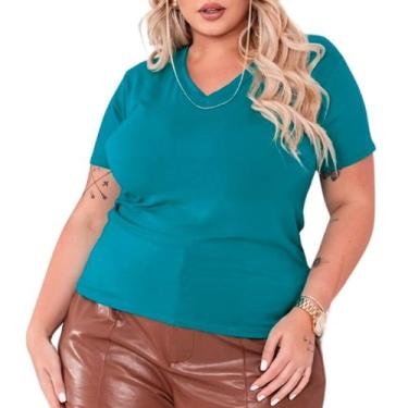 Imagem de Blusa Camiseta Plus Size Feminina Manga Curta Gola V em Malha Casual -