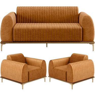 Imagem de Kit Sofá 3 Lugares 180cm com 02 Poltronas Molino Base Castanho Pés D`ouro D02 Couríssimo Whisky B-90 - Lyam Decor