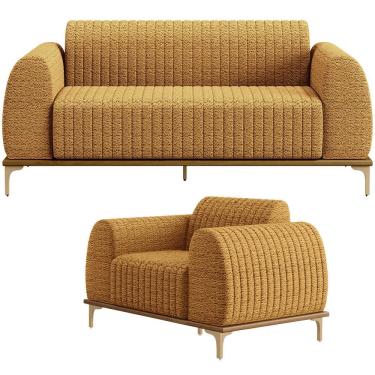 Imagem de Kit Sofá 3 Lugares 180cm com Poltrona Molino Base Castanho Pés D`ouro D02 Prime Bouclê Mostarda PB-03 - Lyam Decor