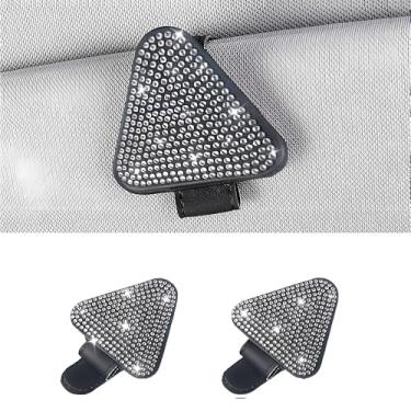 Imagem de MINGZAIQIPEI 2 peças de porta-óculos de sol triangulares de strass brilhante para viseiras de carro de couro magnético organizador de óculos de sol clipe para cartão de bilhete (branco)