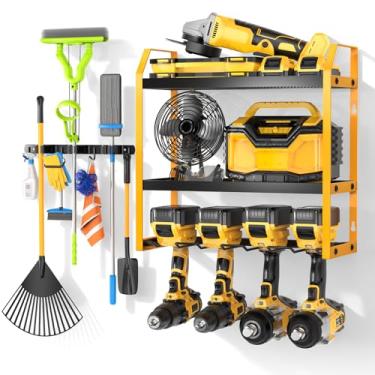 Imagem de Ferreteriai Organizador de ferramentas elétricas de parede com suporte de vassoura, rack de armazenamento de garagem de 3 níveis amarelo e preto com armazenamento de bateria, 4 compartimentos para