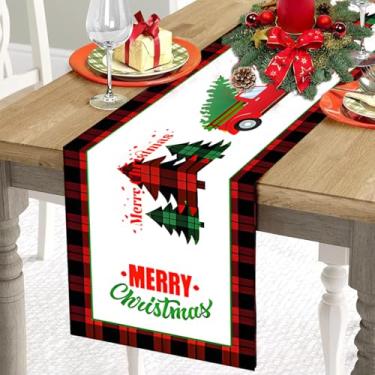 Imagem de Caminho de mesa xadrez de búfalo vermelho e preto, árvore de Natal, design de carro vermelho, decoração de cozinha para casa, decoração de jantar vintage, decoração de jantar interna e externa
