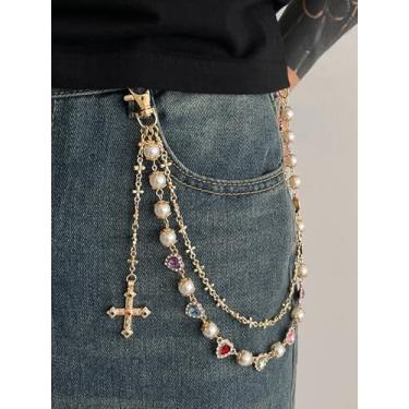 Imagem de Corrente de calça cruzada de ouro prata para homens, corrente de bolso para calças, delicada, moderna, pérola, jeans, para mulheres, coração colorido, strass, motociclista, joias, punk, quadril