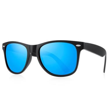 Imagem de Óculos de sol retrô modernos para homens e mulheres, lentes multicoloridas modernas para dirigir ao ar livre uso diário UV400, Armação preta fosco/lente espelhada azul, Lens Width: 52 Millimeters