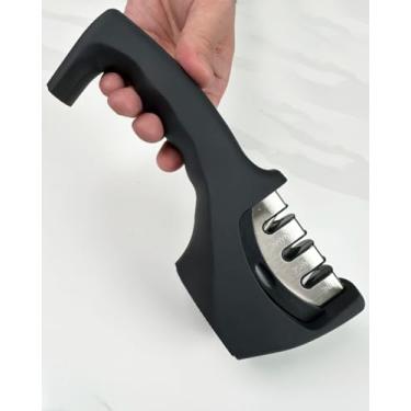 Imagem de Afiador de facas premium 3 em 1 com cabo de borracha, antiderrapante com base, apontador manual profissional de 3 estágios, ferramenta de cozinha de afiar eficaz, preto