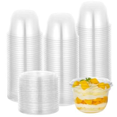 Imagem de Pacote com 100 copos de sobremesa descartáveis, copos de plástico transparente empilháveis com tampas, mini copos de parfait sem buracos, copos de festa descartáveis para lanches, iogurte, frutas