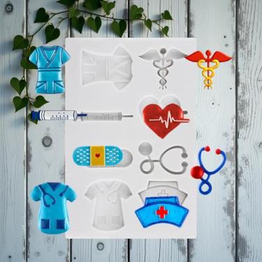 Imagem de Moldes de fondant temáticos de graduação de enfermeira chapéu médico graduado equipamento médico molde de silicone para decoração de bolo topo de cupcake chocolate doce açúcar artesanato pasta de goma