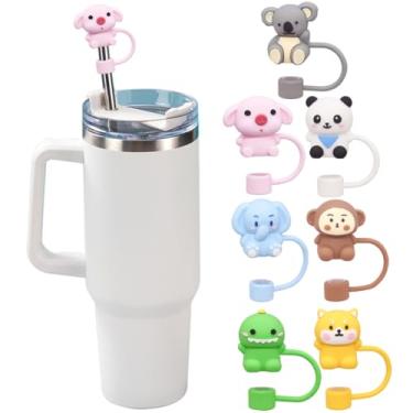 Imagem de 7 peças de capa de canudo para acessórios Stanley Cup 10 mm capas de palha de silicone bonito animal topo de palha