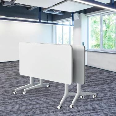 Imagem de ZDJZMGZ Mesa de conferência dobrável, mesas brancas de sala de conferência com rodas, mesa de seminário retangular grande dobrável para 2 10 pessoas (2,55 cm)