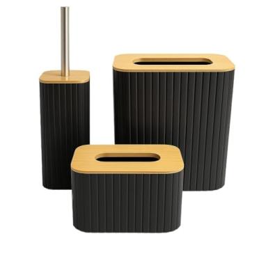 Imagem de Kit Banheiro Luxo 7 Peças em Bambu – Lixeira, Porta Escova, Dispenser e Acessórios para Lavabo(3 Peças Preto - Banheiro Luxo)