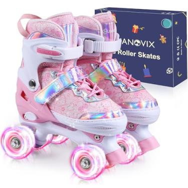 Imagem de Huanovix Patins para meninas, 4 tamanhos, ajustáveis, para iniciantes de 3 a 12 anos, com rodas iluminadas e proteção de segurança, para esportes internos e externos - legal