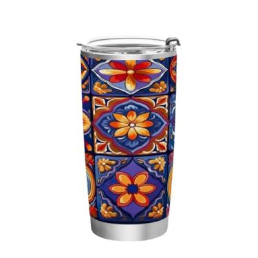 Imagem de Blueangle Copo de 590 ml com tampa e canudo, copo de café com água isolada a vácuo de aço inoxidável, caneca térmica de cerâmica mexicana para bebidas quentes e frias (131)