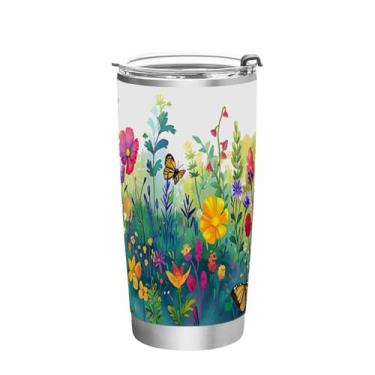 Imagem de Blueangle Copo de 590 ml com tampa e canudo, copo de café com água isolada a vácuo de aço inoxidável, caneca de viagem de flores silvestres em aquarela copo térmico para bebidas quentes e frias (974)