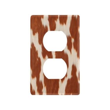 Imagem de Blueangle Placa de parede de tomada dupla de vaca marrom e branca, tamanho padrão, placas de cobertura de tomada elétrica de 1 gangue para decoração de quarto de escritório em casa, 4,53 x 2,76