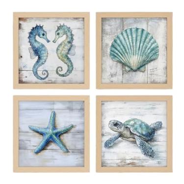 Imagem de Kit 4 quadros 18x18 cm mar praia banheiro, lavabo, tartaruga, moldura e vidro(Carvalho)