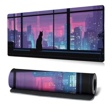 Imagem de Tapete de rato para jogos de gato, tapete de rato kawaii, abstrato, 81,5 x 28 cm, tapete de mesa de anime japonês fofo, base de borracha, antiderrapante, grande, bordas costuradas, teclado, tapete de