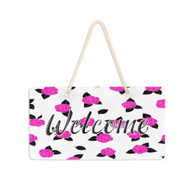 Imagem de Burbuja Placa de boas-vindas rosa rosas para porta da frente, placa de boas-vindas de PVC para decoração de férias de casa de fazenda, 15 x 28 cm