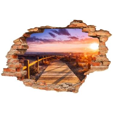 Imagem de MaiKeAYang Decalques de parede 3D murais removíveis vinil paredes decorações pôr do sol ponte de madeira cenário para sala de estar quartos de bebê quarto banheiro casa de banho decoração DIY