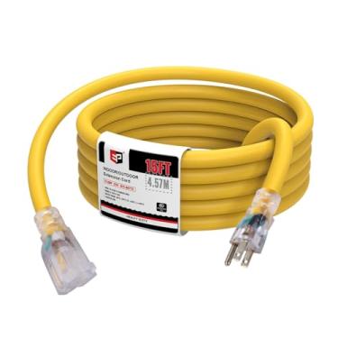 Imagem de EP Cabo de extensão e alimentação externa, iluminado, SJTW 10/3, cabo de extensão amarelo robusto com plugue de aterramento de 3 pinos para maior segurança, aprovação UL