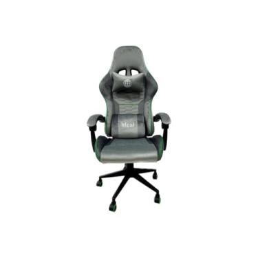 Imagem de Cadeira Gamer Giratória com Ajuste de Altura e Reclinação, Revestimento em Veludo, Cinza com Detalhes Verde, 55x138x57 cm