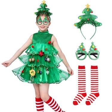 Imagem de PANMAY Conjunto de fantasia de árvore de Natal, vestido de elfo, ajudante de Papai Noel, saia de tule, faixa de cabeça, meia de vidro, festa festiva, Verde, L-140