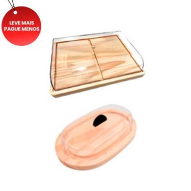 Imagem de OFERTA KIT Porta Frios Médio 21X16,5cm, Manteigueira de Madeira com Ta