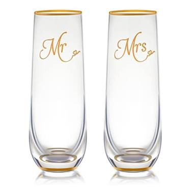 Imagem de Taça de champanhe de casamento sem haste – Taças de champanhe com borda e base douradas – Presente de casamento para noiva e noivo taça de champanhe – Presente de noiva – presente de noiva – conjunto de 2 para presente de Sr. e Sra. Trinkware