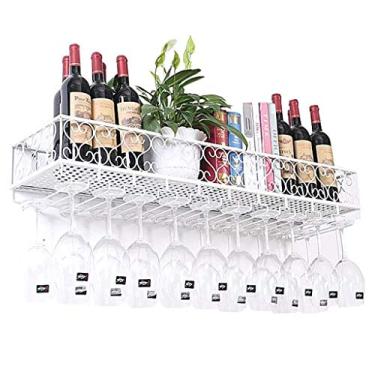 Imagem de Rack de vinho e suporte de vidro de parede vintage branco - 80 x 25 cm (32 x 10) - Organizador elegante de garrafa de vinho e talheres para decoração de bar, cozinha ou sala de jantar