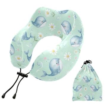 Imagem de Burbuja Linda almofada de pescoço de margarida de baleia para viagem, almofada de viagem de espuma viscoelástica para dormir, suporte de cabeça de avião de carro, lavável na máquina e portátil