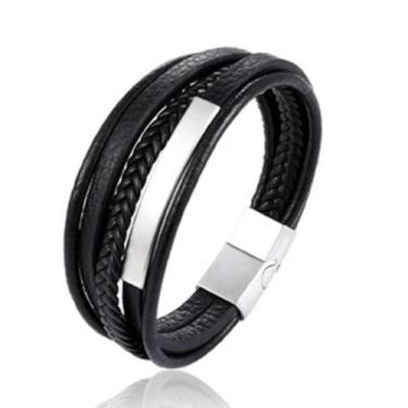 Imagem de Bracelete Pulseira Masculina Couro Luxo Preta Moderna - VINKIN, Bracel