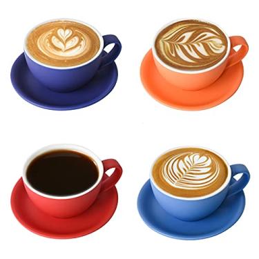 Imagem de Yundu Ceramics Latte Cup and Saucer - 283 g para cappuccino, chá, café mocha, conjunto de 4, cor mista fosca