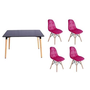 Imagem de Kit Mesa Jantar Eiffel 120x80cm Preta + 04 Cadeiras Botonê Veludo - Rosa