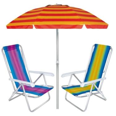 Imagem de Kit Praia 2 Cadeira Reclinável 8 Pos Alumínio + Guarda Sol 2m Sombreir