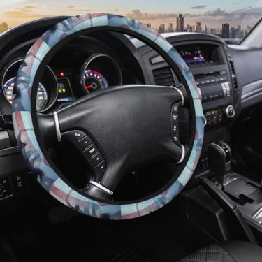 Imagem de SISROW Capa de volante de cavalo americano feminina masculina grunge bandeira dos EUA cavalo pônei 38 cm capas de volante acessórios de carro capa de volante elástica elástica para caminhões