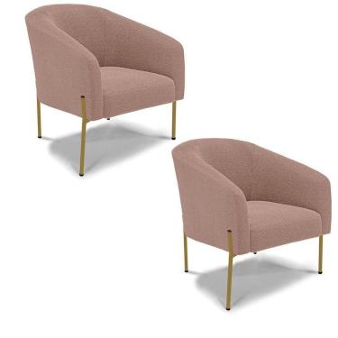 Imagem de Poltrona Decorativa Pé Ferro Dourado Kit 2 Stella Bouclê Rosê D03 - D`rossi